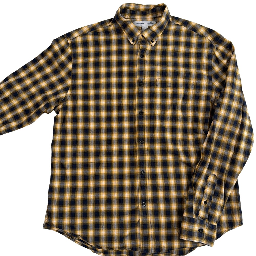 Old Navy Built-In Flex Button Down Shirt Mens XL Slim Fit Yellow Navy Plaid
